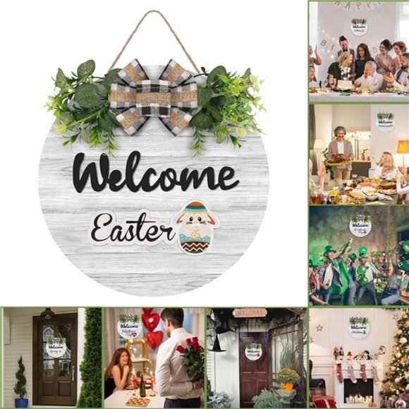 Interchangeable Wooden Seasonal Welcome Sign, Rustic Round Welcome Front Door - Picture 1 of 8